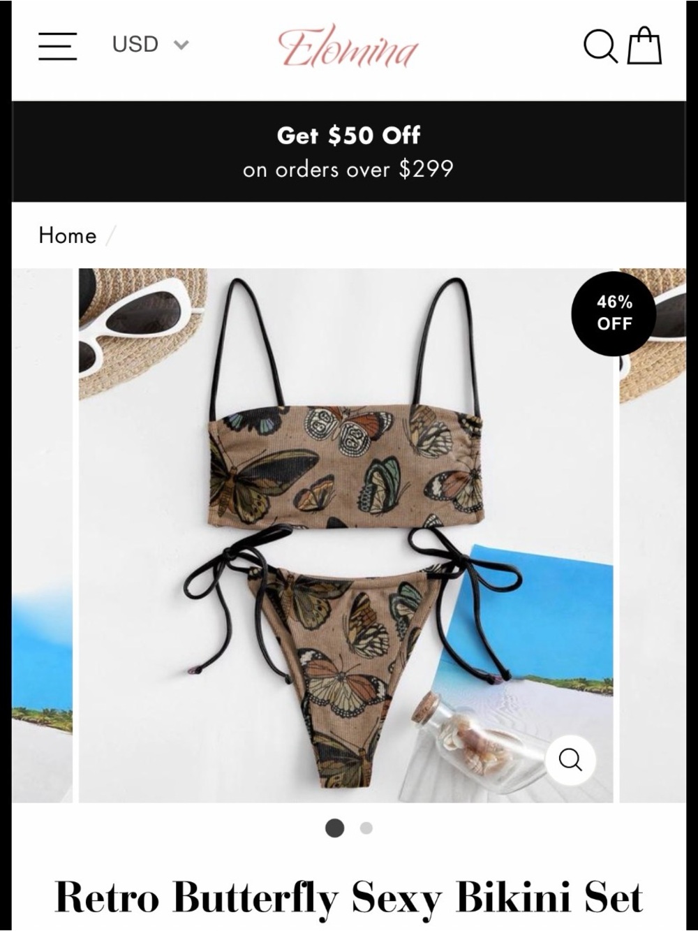 Retro Butterfly Bikini Set in Brown with Black Ties